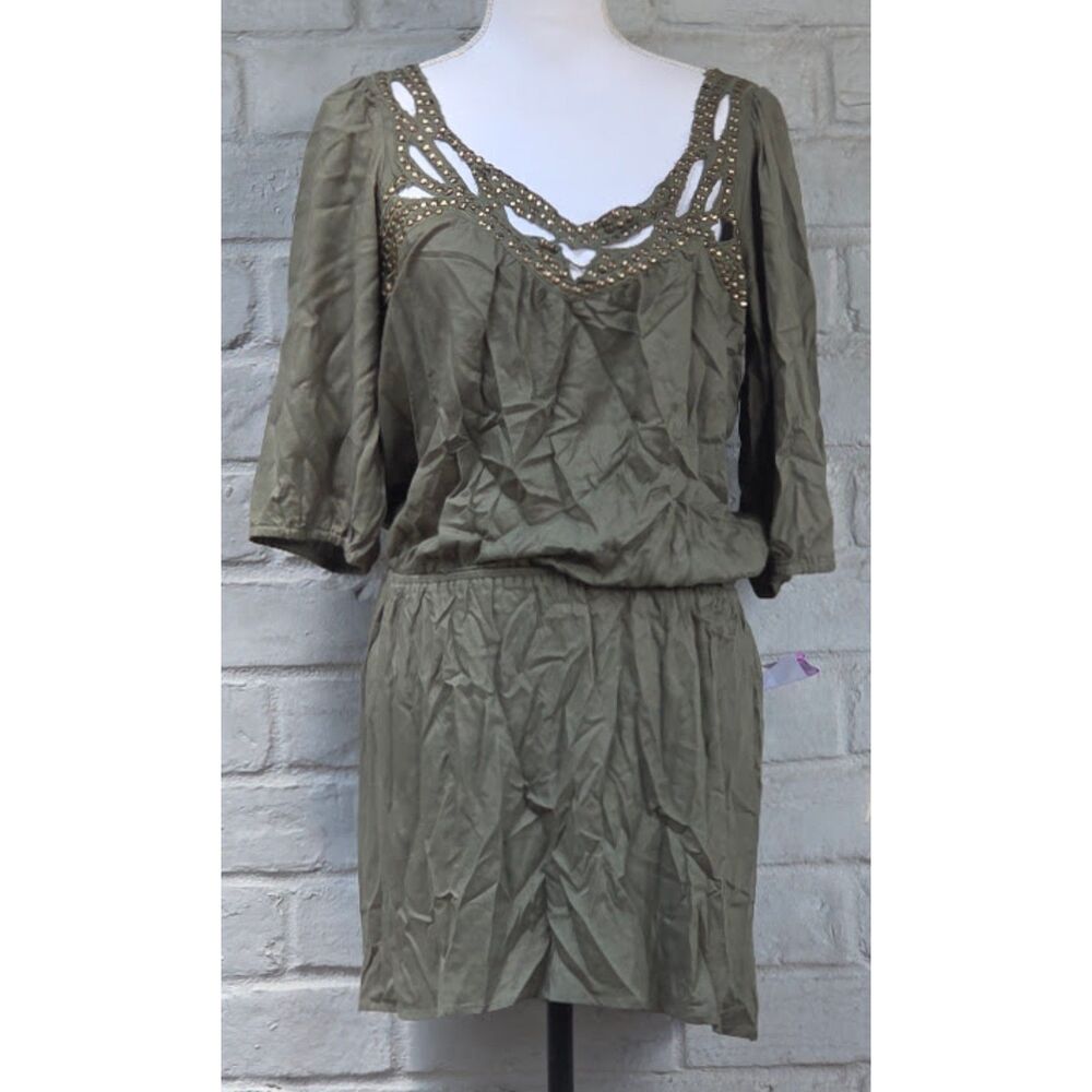 Angie Olive Green Studded Cutout V-Neck Romper Elastic Waist Size M